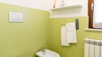 A bathroom with green tiles, a toilet, a bidet, and a radiator.