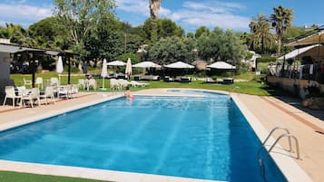 Seasonal outdoor pool, pool loungers