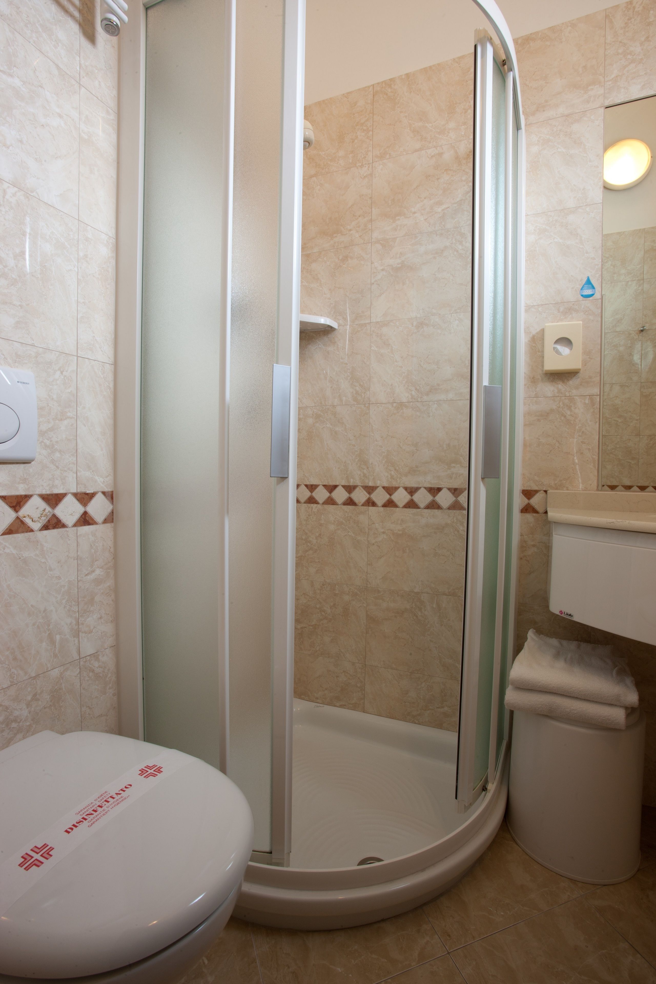 A bathroom with a glass-enclosed shower, a toilet, and a sink with a mirror.