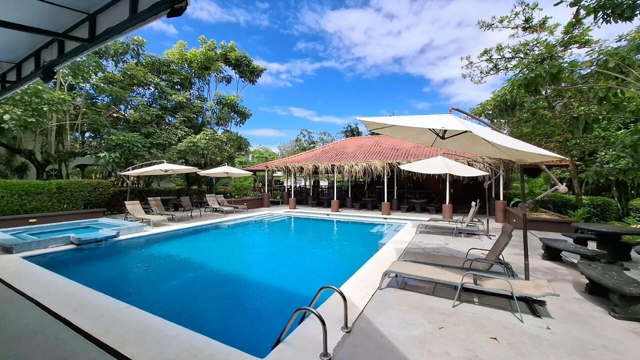 Piscina com espreguiçadeiras e guarda-sóis, rodeada por vegetação.