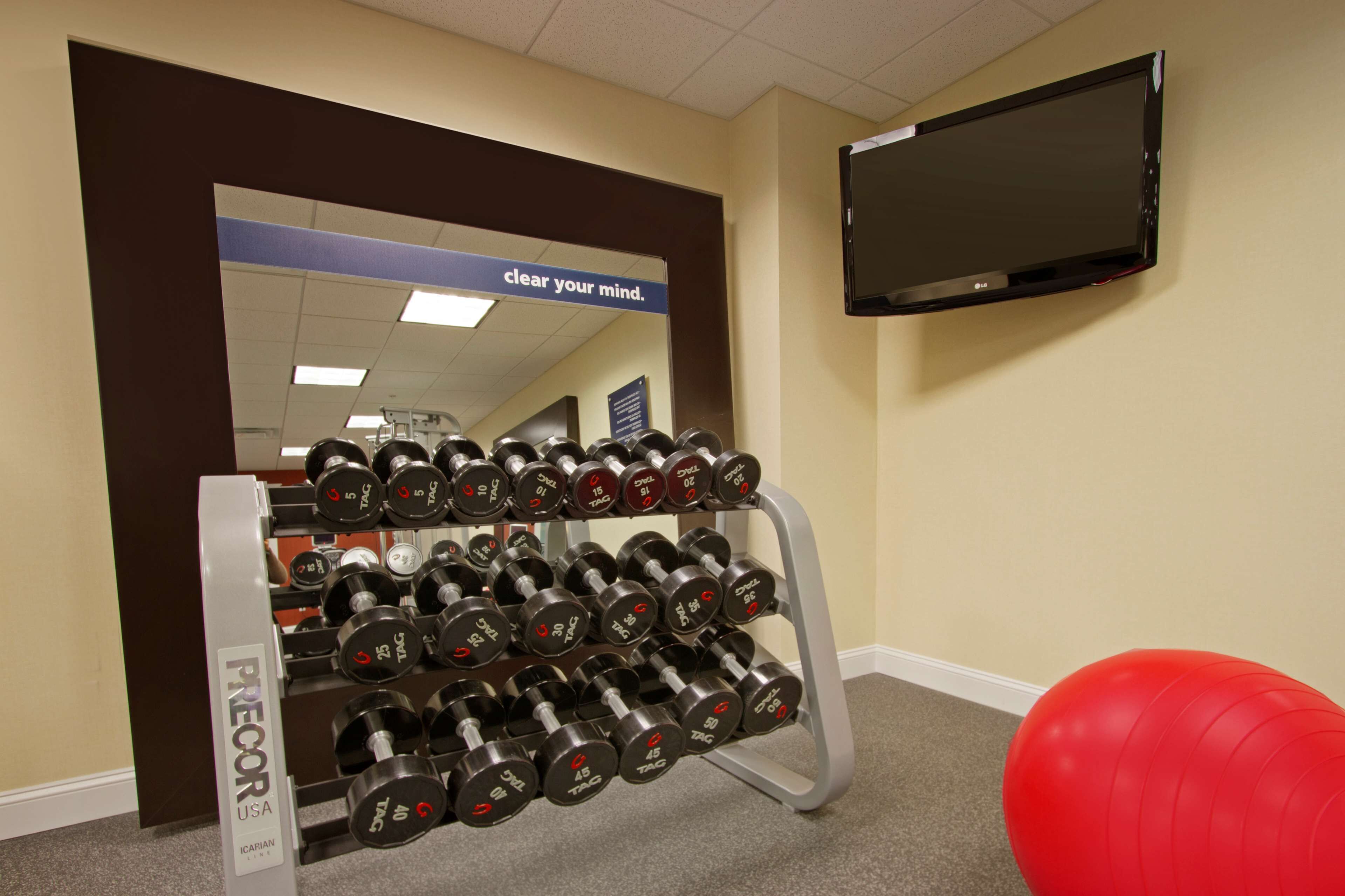 Un gimnasio con un televisor montado en la pared, un estante de mancuernas y una pelota roja de ejercicio.