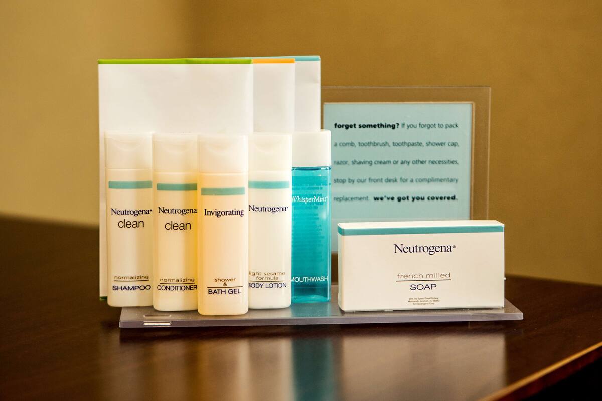 free toiletries, hair dryer, towels