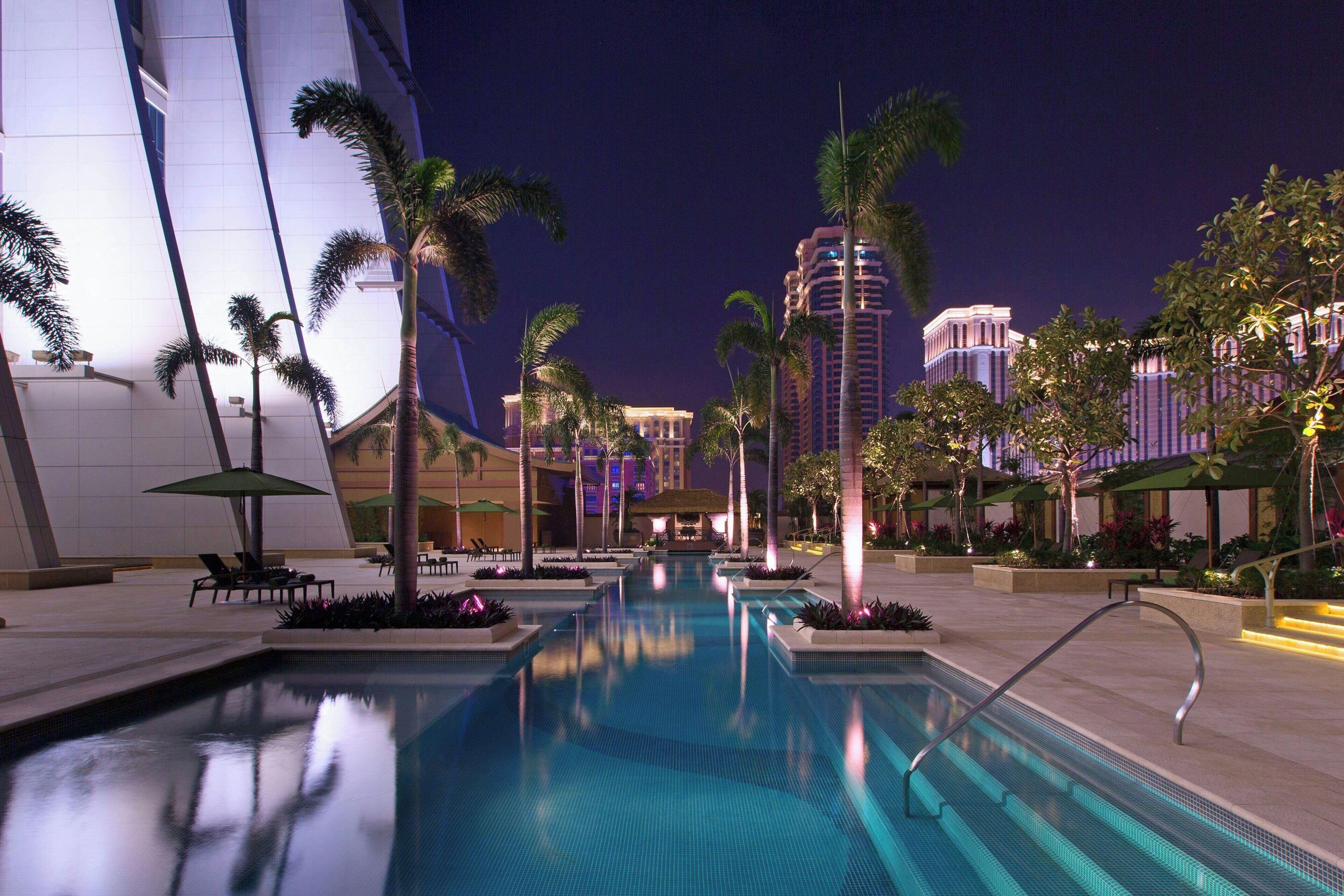 Outdoor pool, pool umbrellas, pool loungers