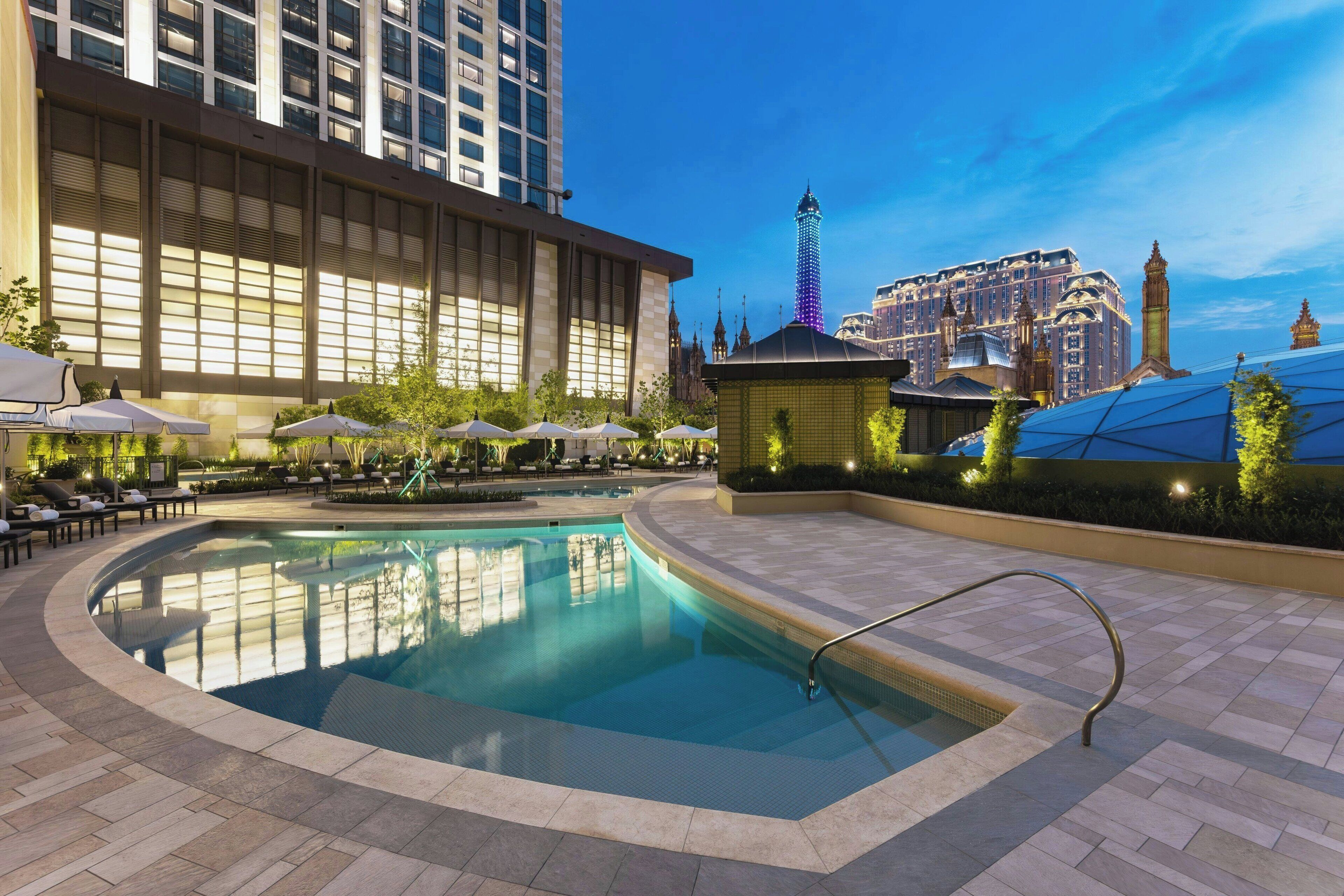 Outdoor pool, pool umbrellas, pool loungers