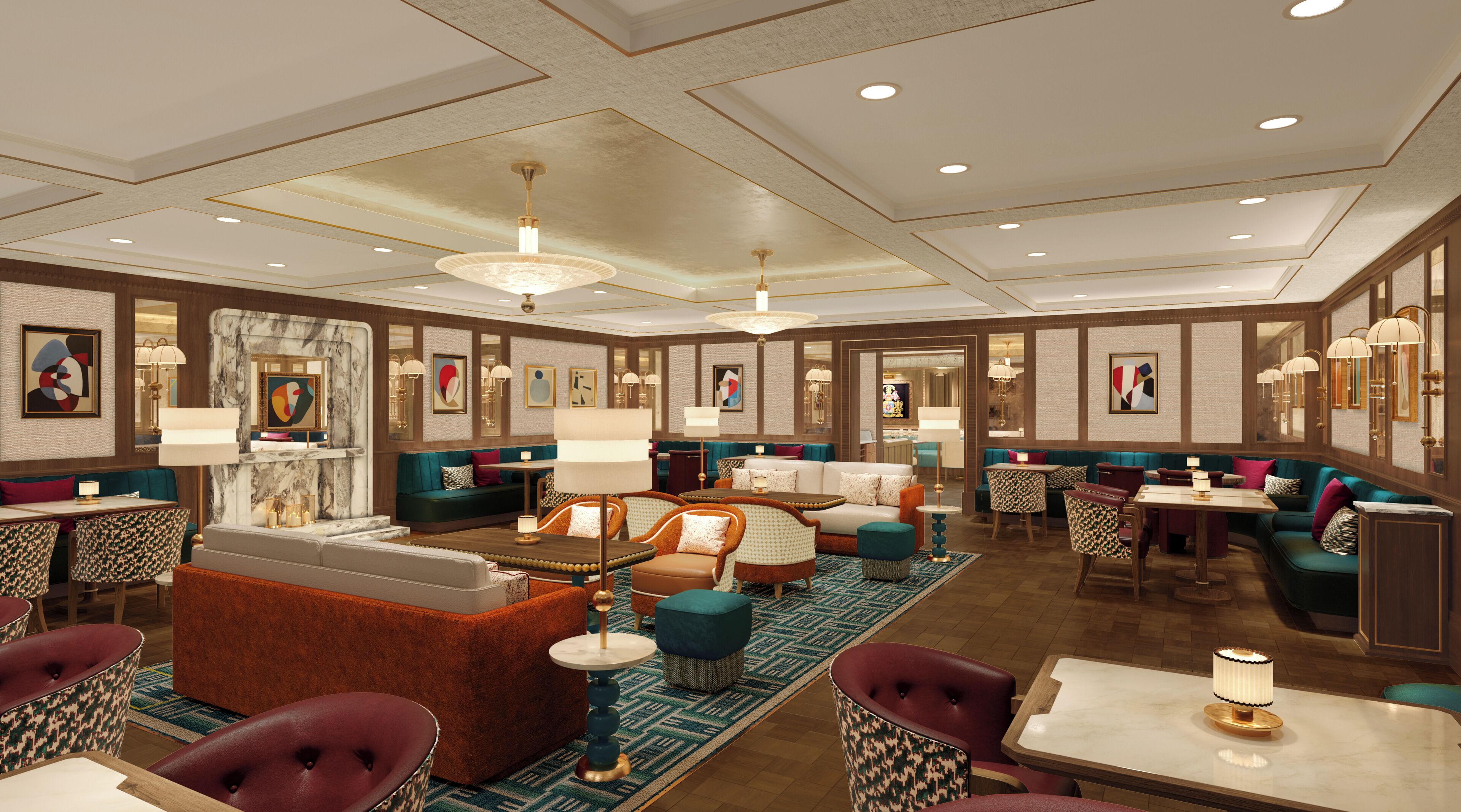 A spacious hotel lobby with multiple seating areas, including sofas and chairs, and a central coffee table.
