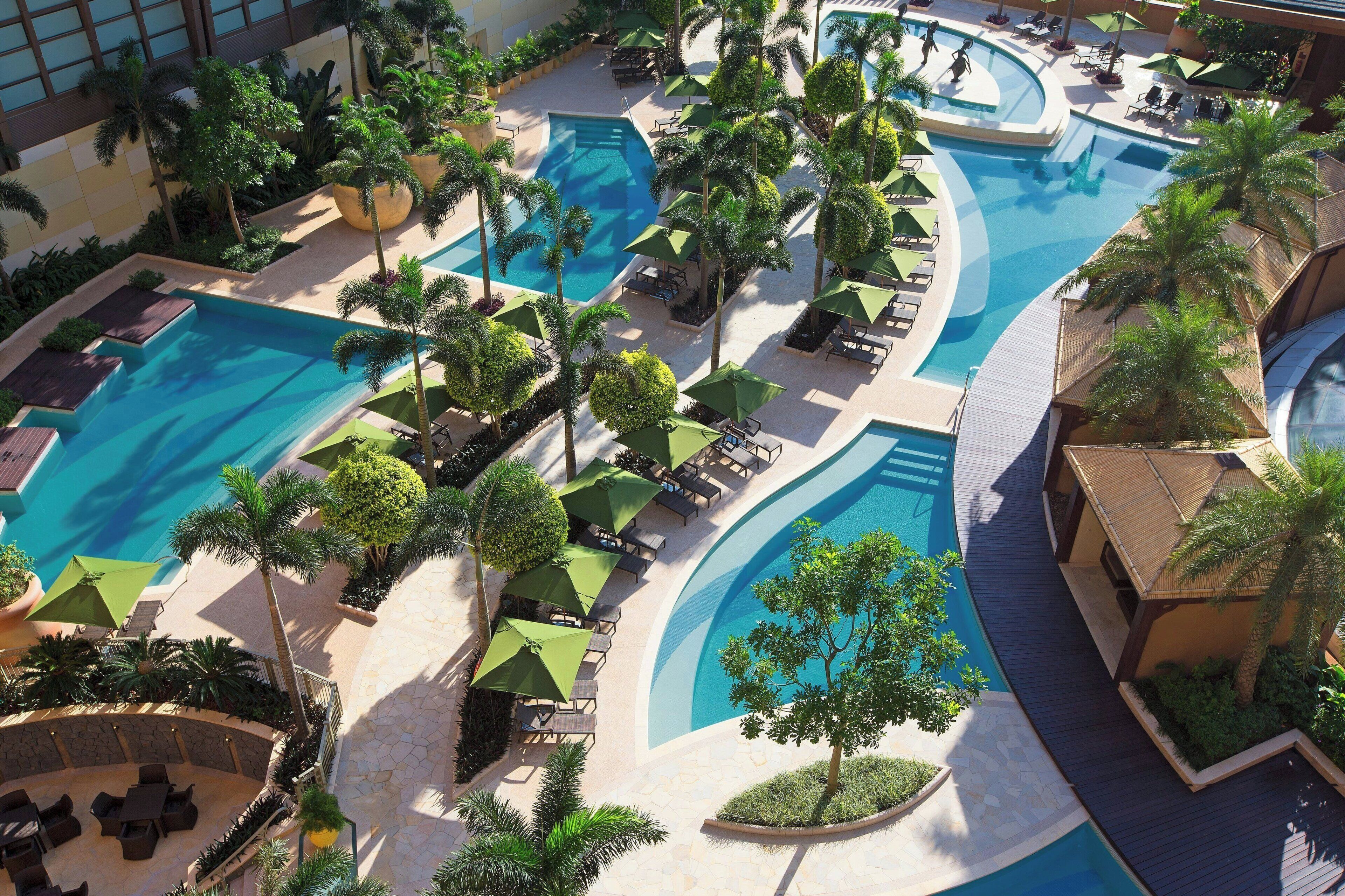 Outdoor pool, pool umbrellas, pool loungers