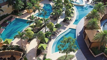 Outdoor pool, pool umbrellas, sun loungers