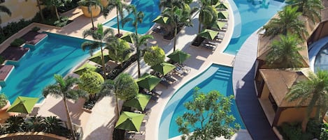 Outdoor pool, pool umbrellas, pool loungers