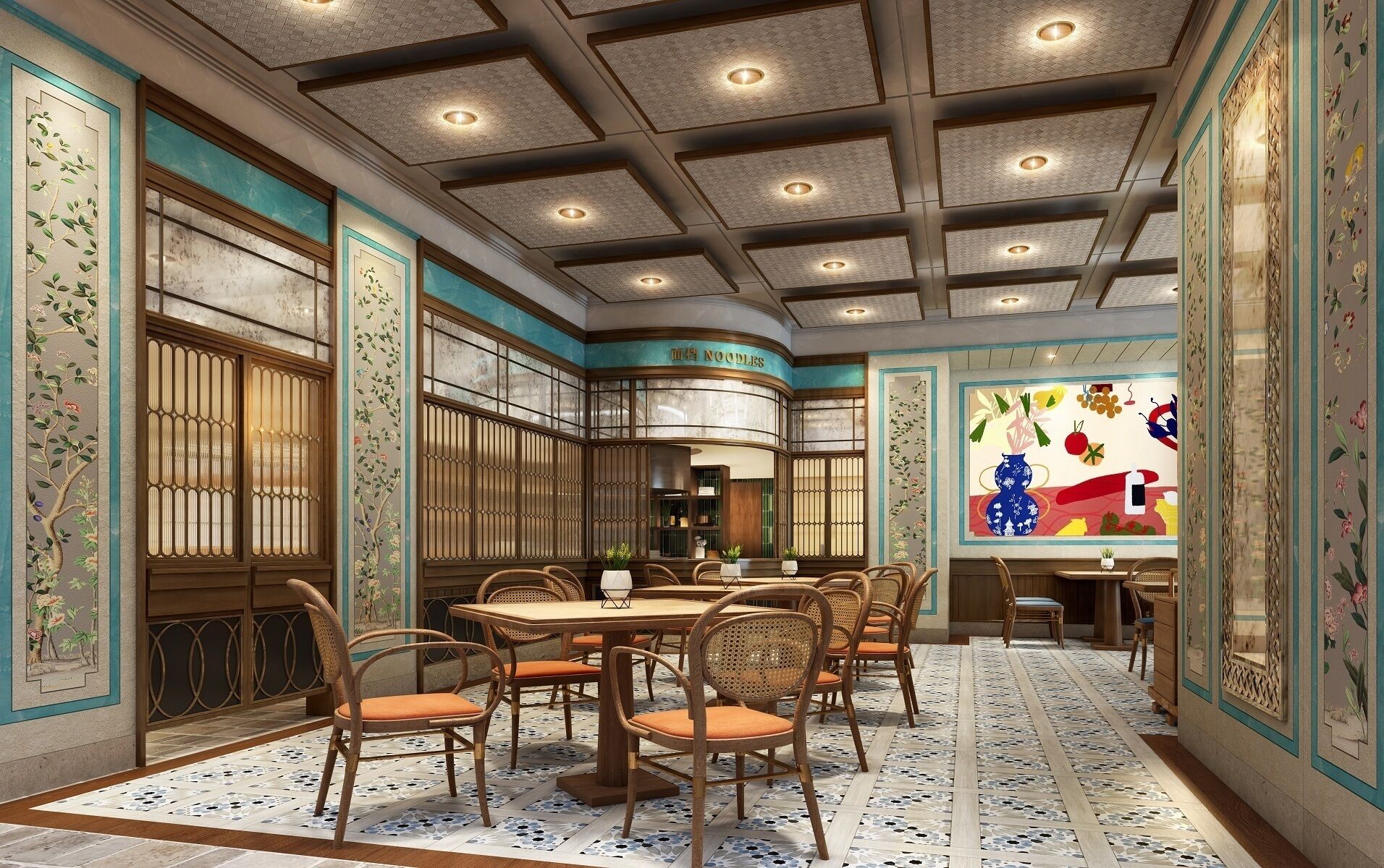 A restaurant with traditional decor, wooden furniture, and a tiled floor.