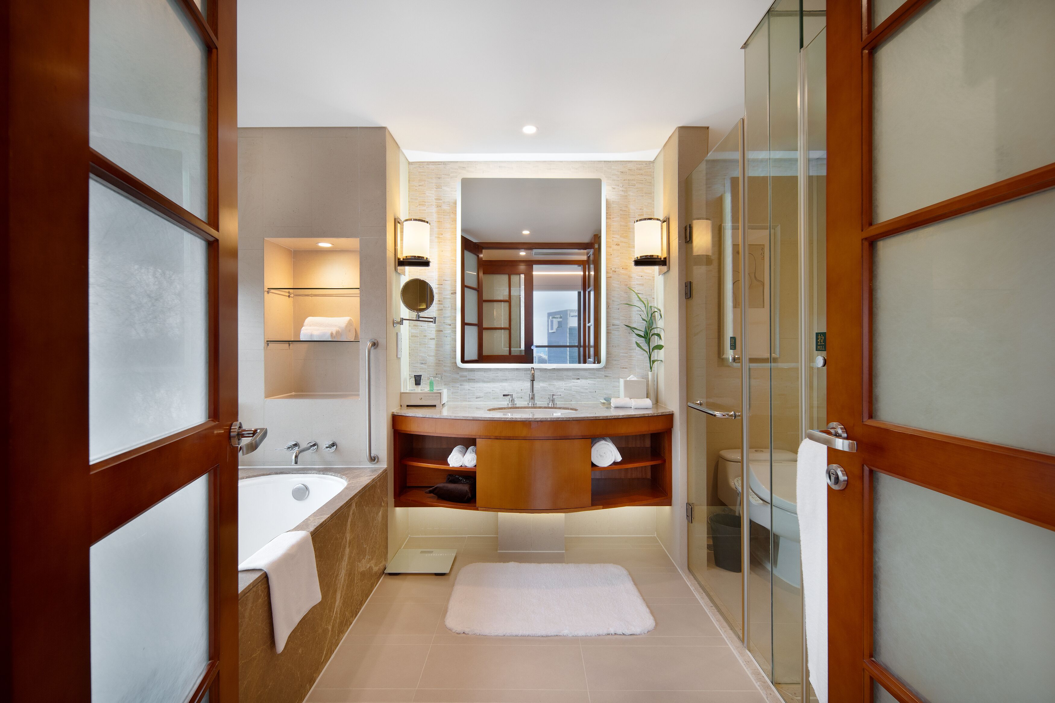 premium suite, 1 bedroom, city view | bathroom | separate bathtub and shower, jetted bath, rainfall showerhead