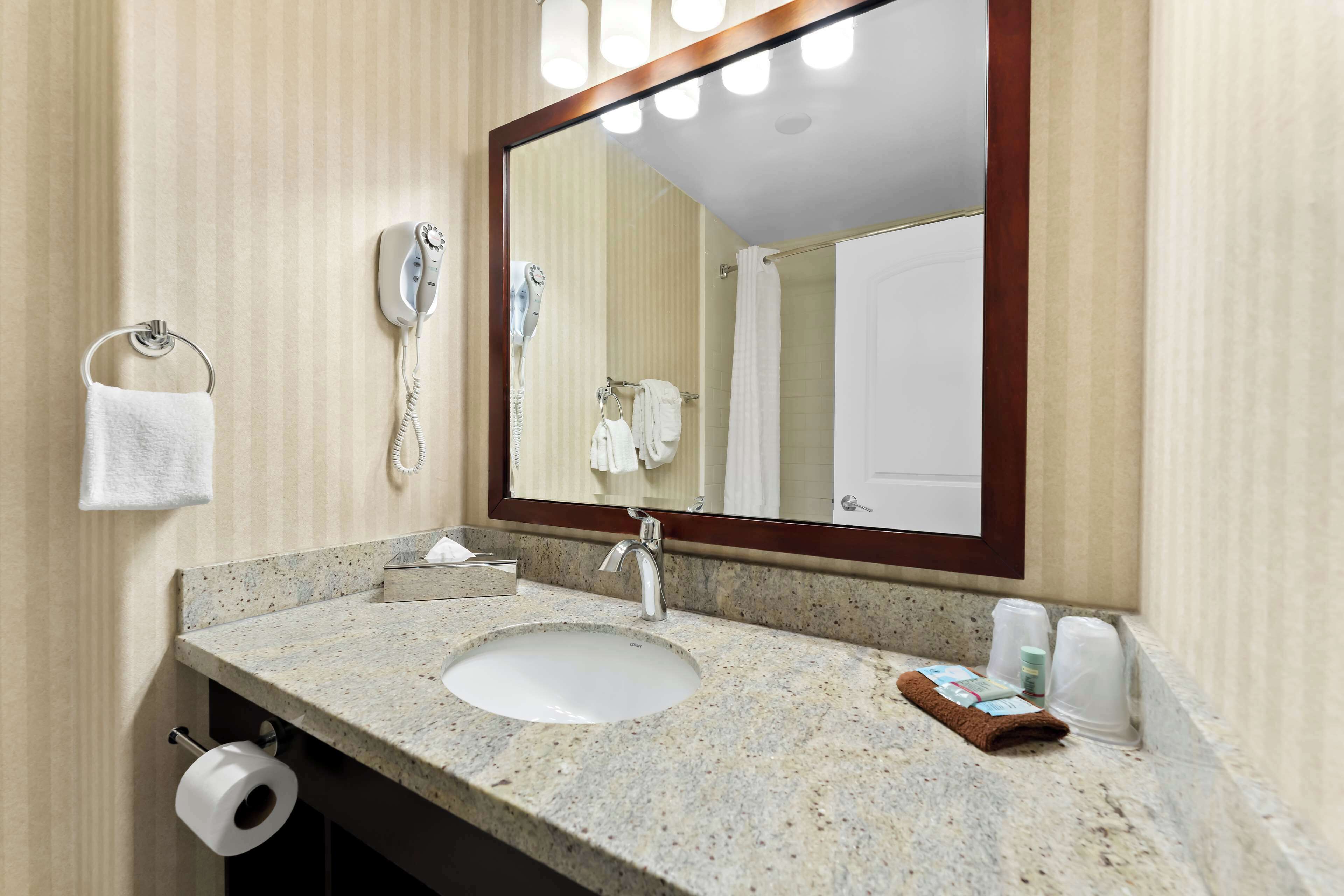 combined shower/bathtub, free toiletries, hair dryer, towels