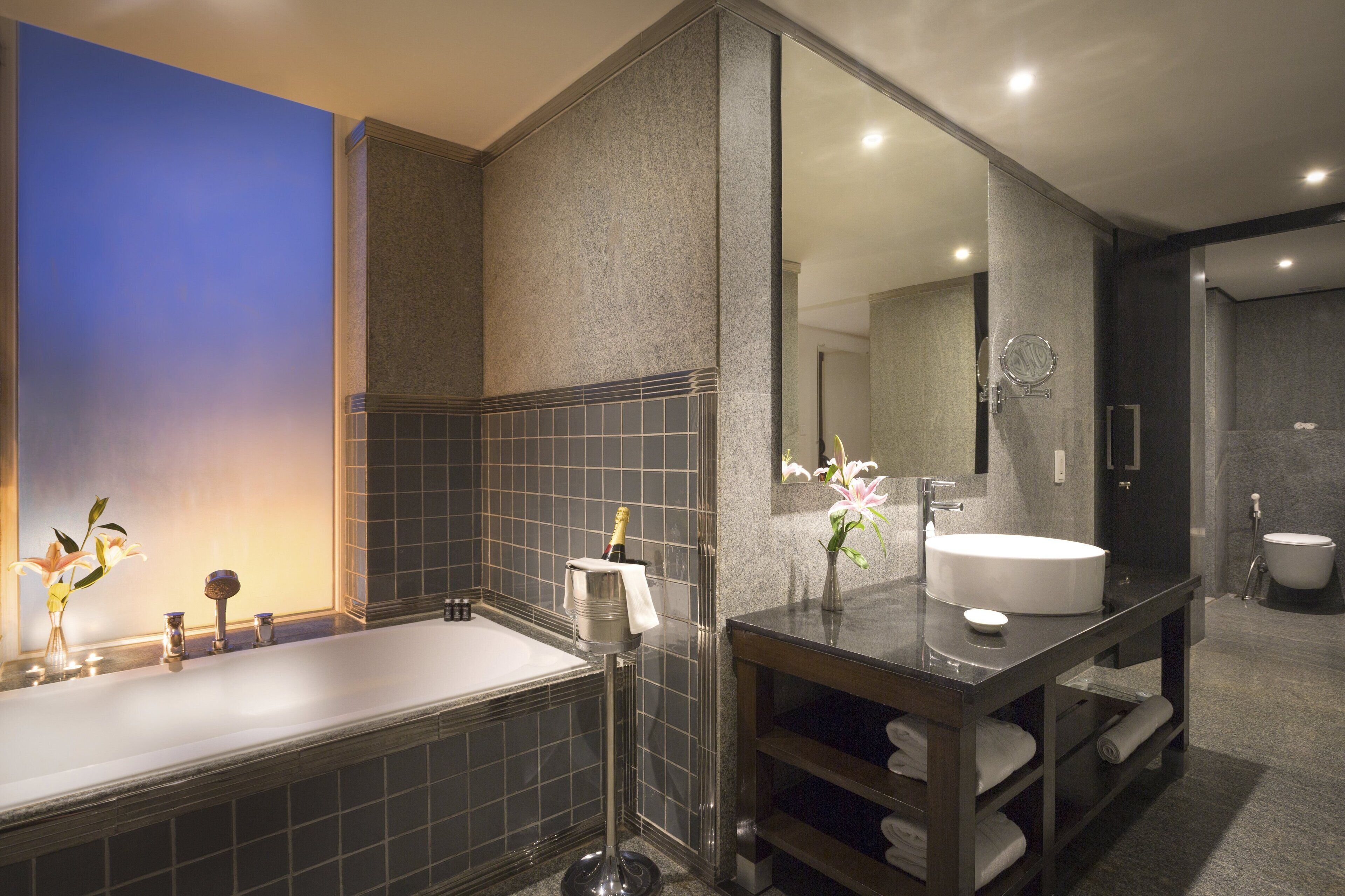 rainfall showerhead, free toiletries, hair dryer, bathrobes