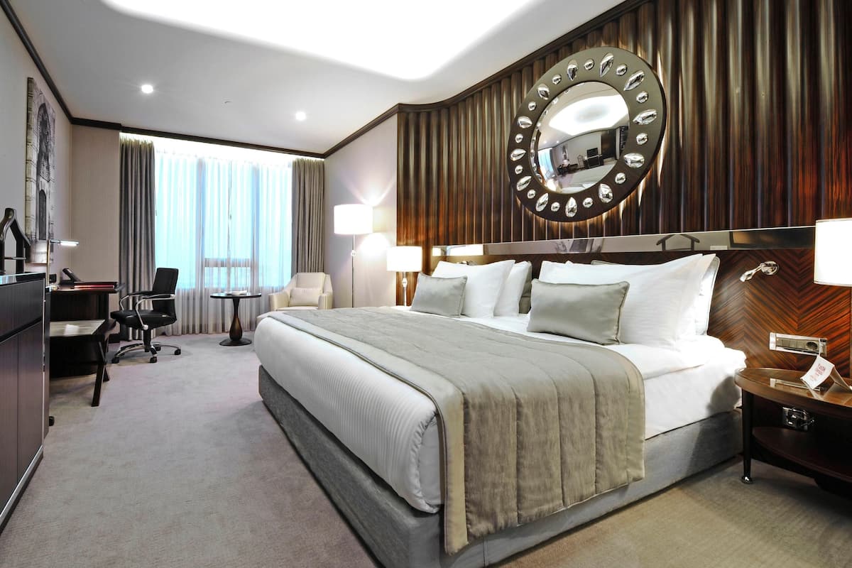 A hotel room with a large bed, a desk with a computer, a TV, and a mirror with a decorative frame.