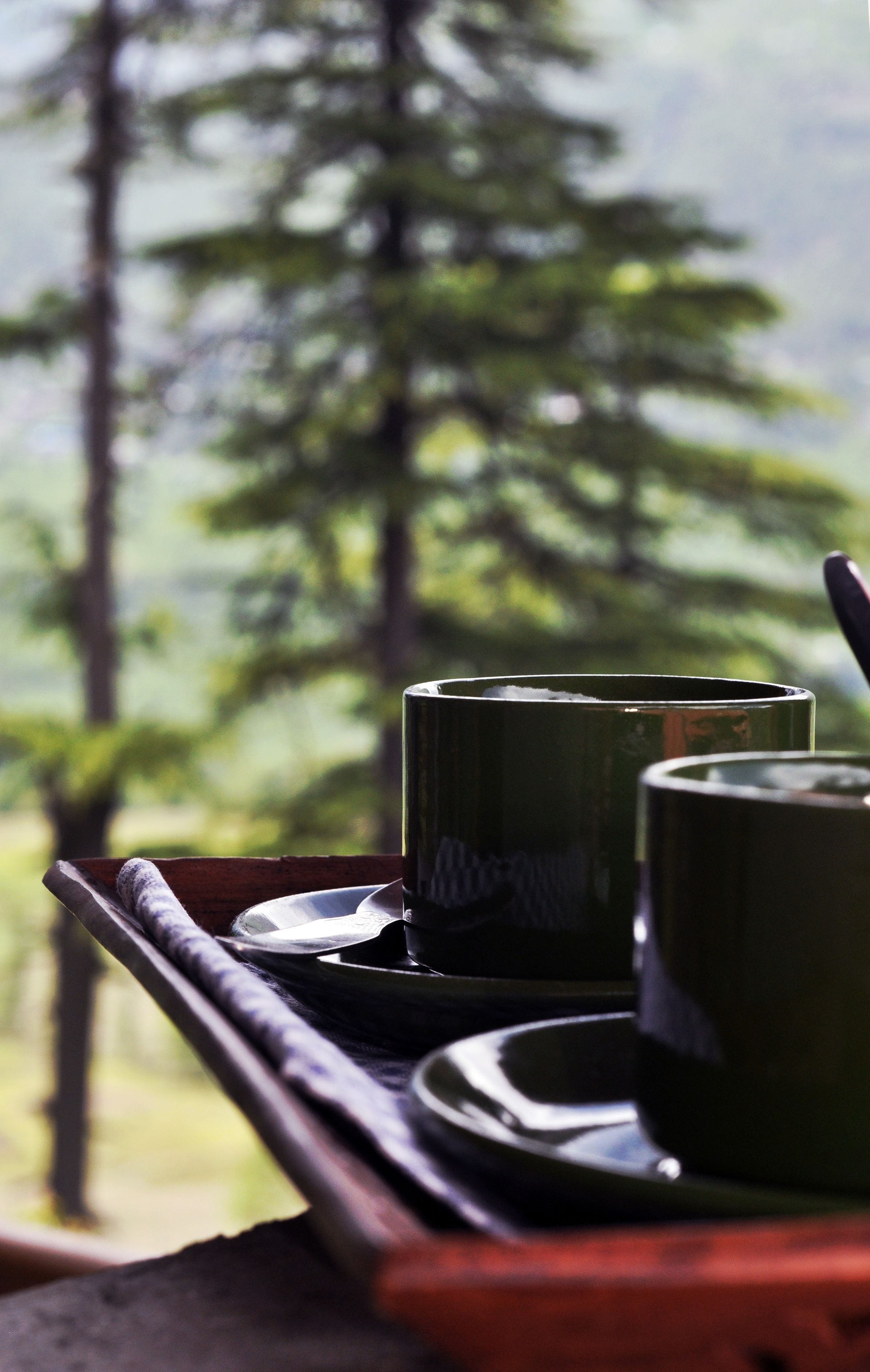 A tray with a mug and a cup, set against a blurred forest background.