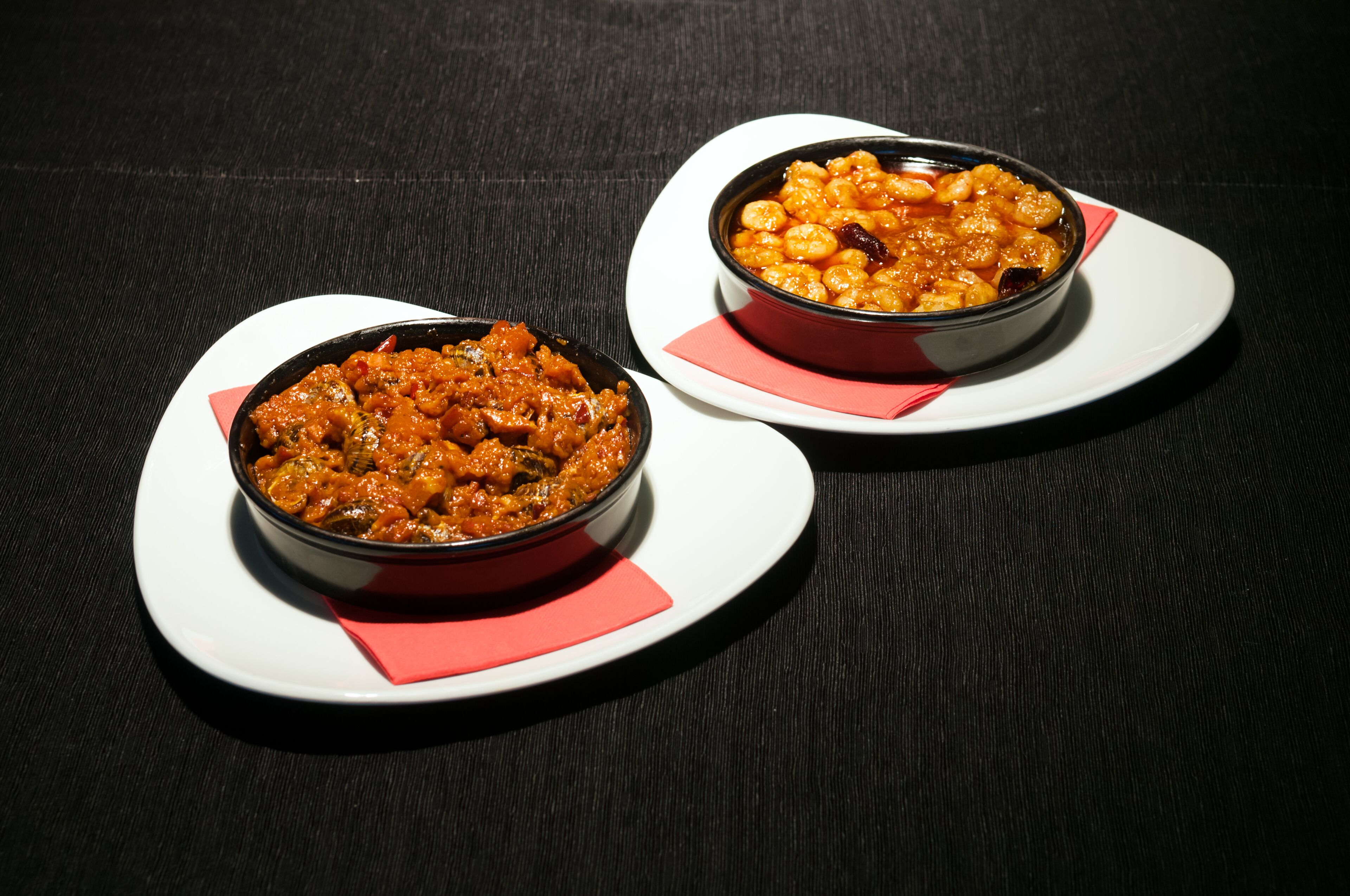 Dos tazones de comida sobre platos blancos con servilletas rojas, sobre una superficie oscura.