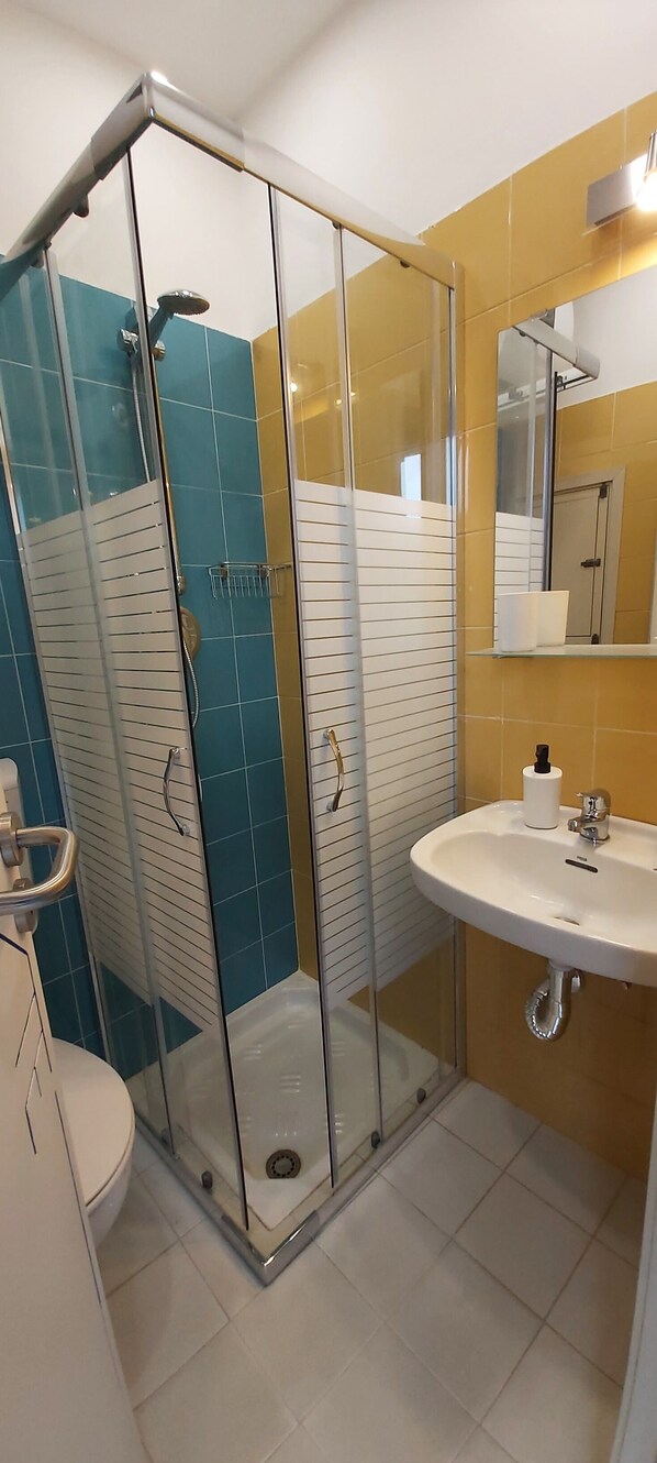Une salle de bain avec une douche à parois de verre, un lavabo et des toilettes.