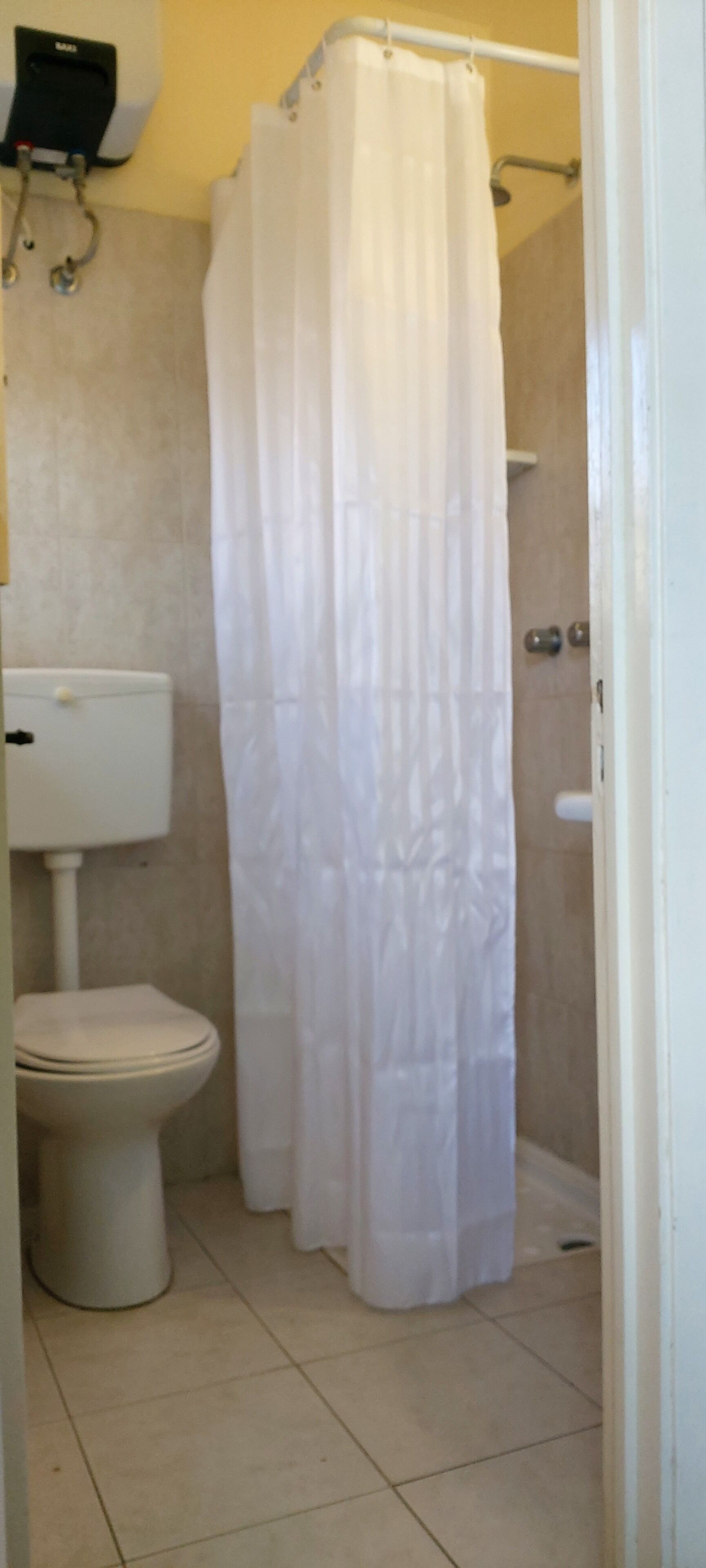 A bathroom with a toilet, a shower curtain, and a toilet paper holder.