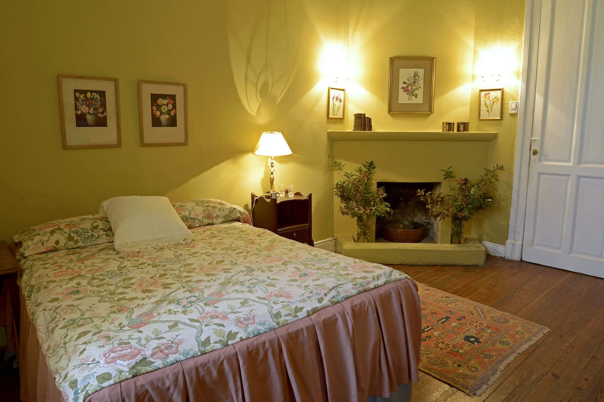A bedroom with a floral bedspread, a bedside lamp, a fireplace with plants, and framed pictures on the wall.