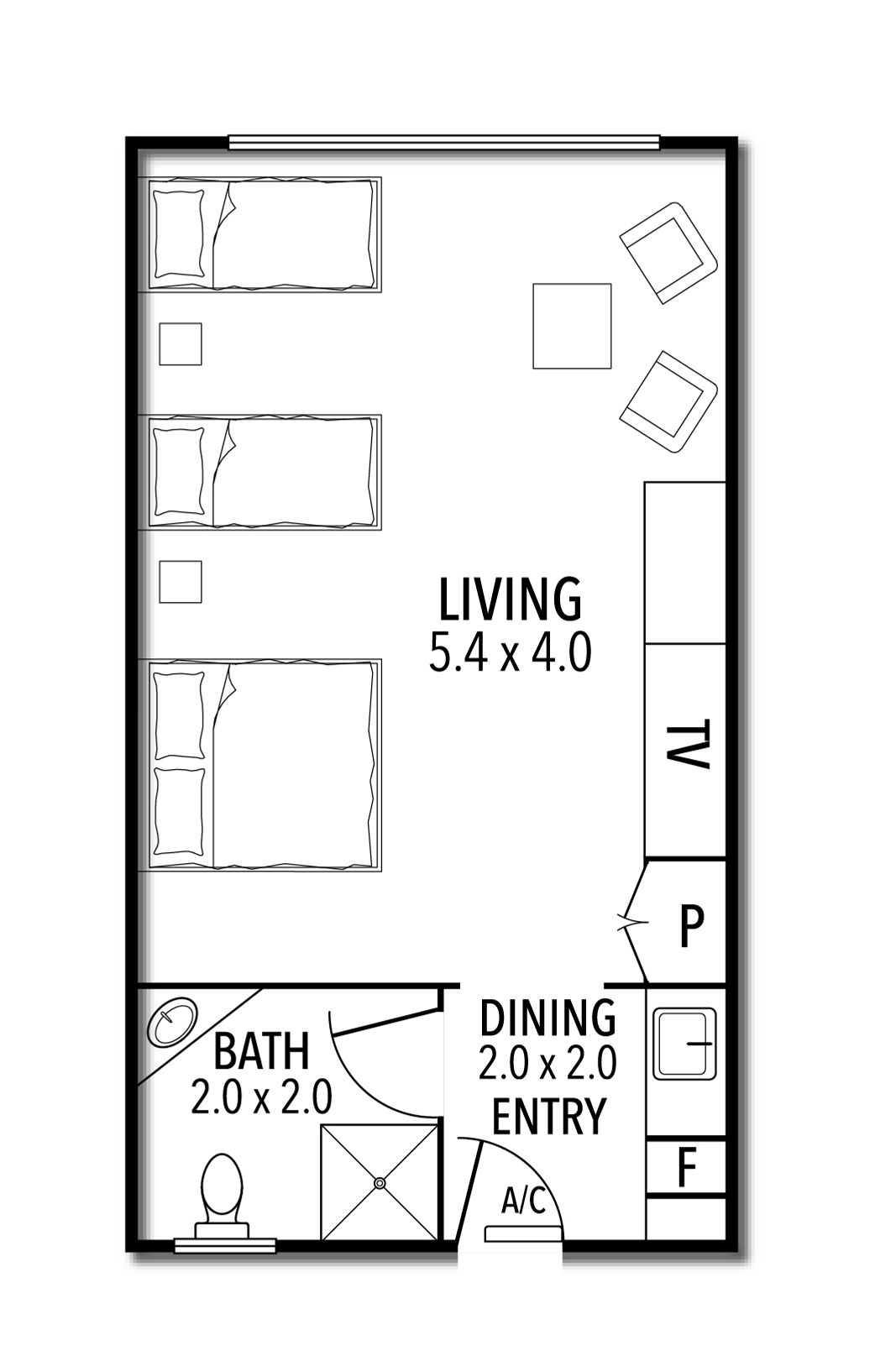 A floor plan of a hotel room with a living area measuring 5.4 x 4.0, a dining area, a bathroom, and entry/exit points.