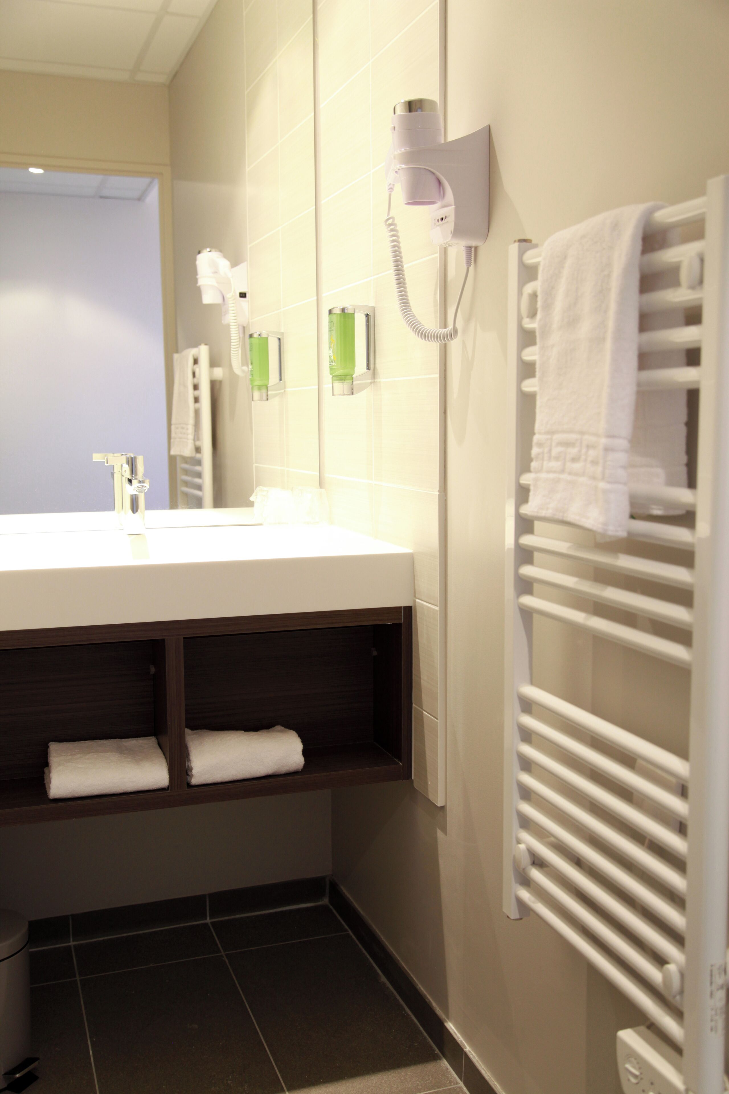 Ein Badezimmer mit Waschbecken, Handtuchhalter und einem an der Wand befestigten Föhn.