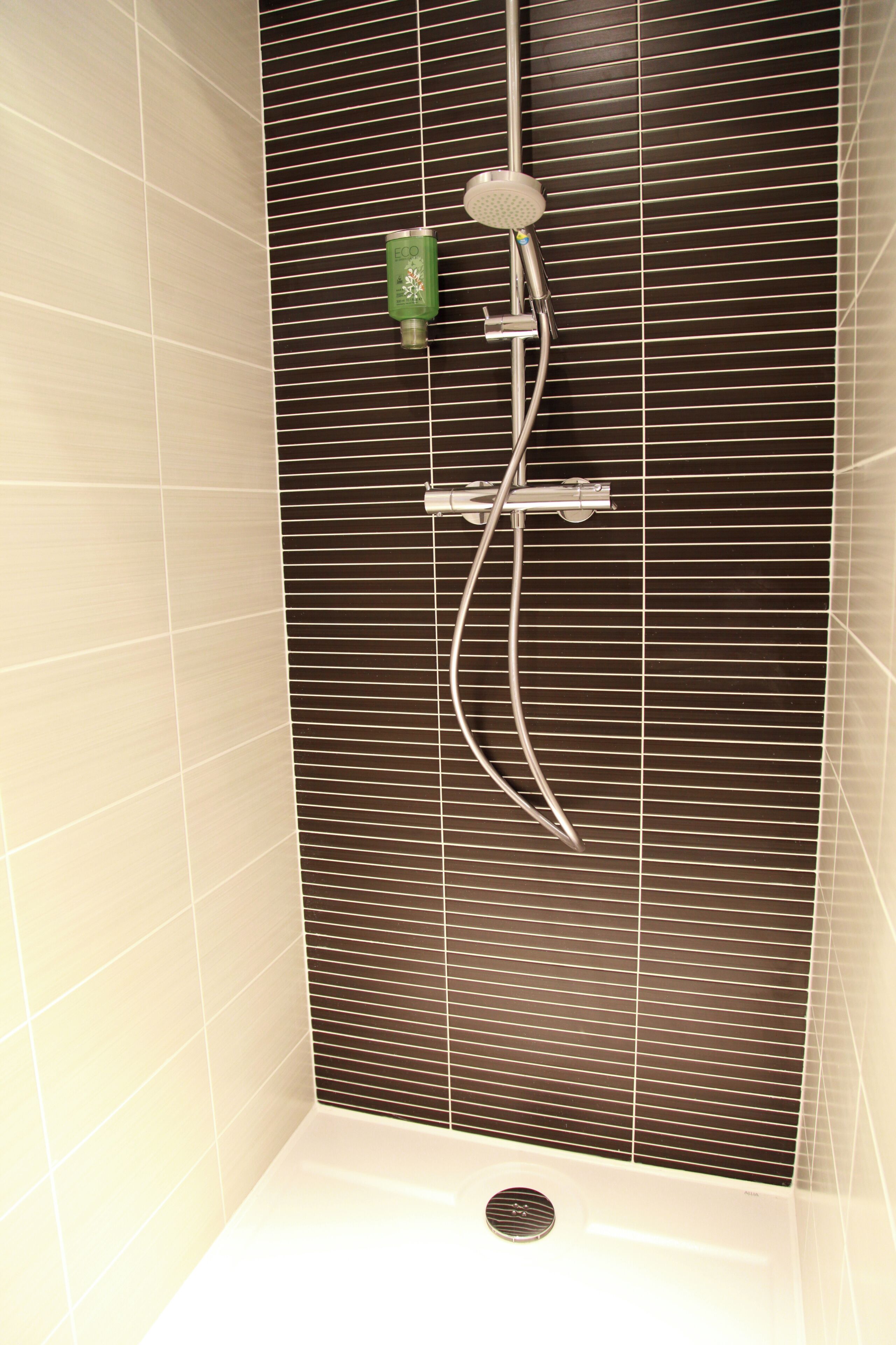 rainfall showerhead, eco-friendly toiletries, hair dryer, towels