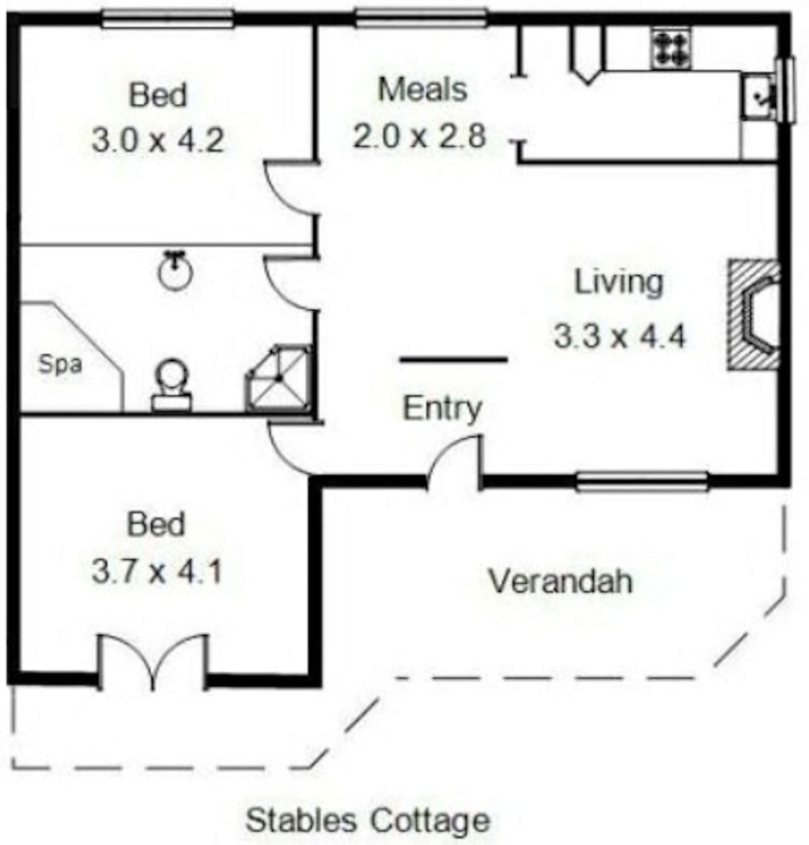 Un plan d’étage d’une maison de campagne comprenant deux chambres, un salon, une cuisine, une salle à manger, un espace bien-être et un hall d’entrée.