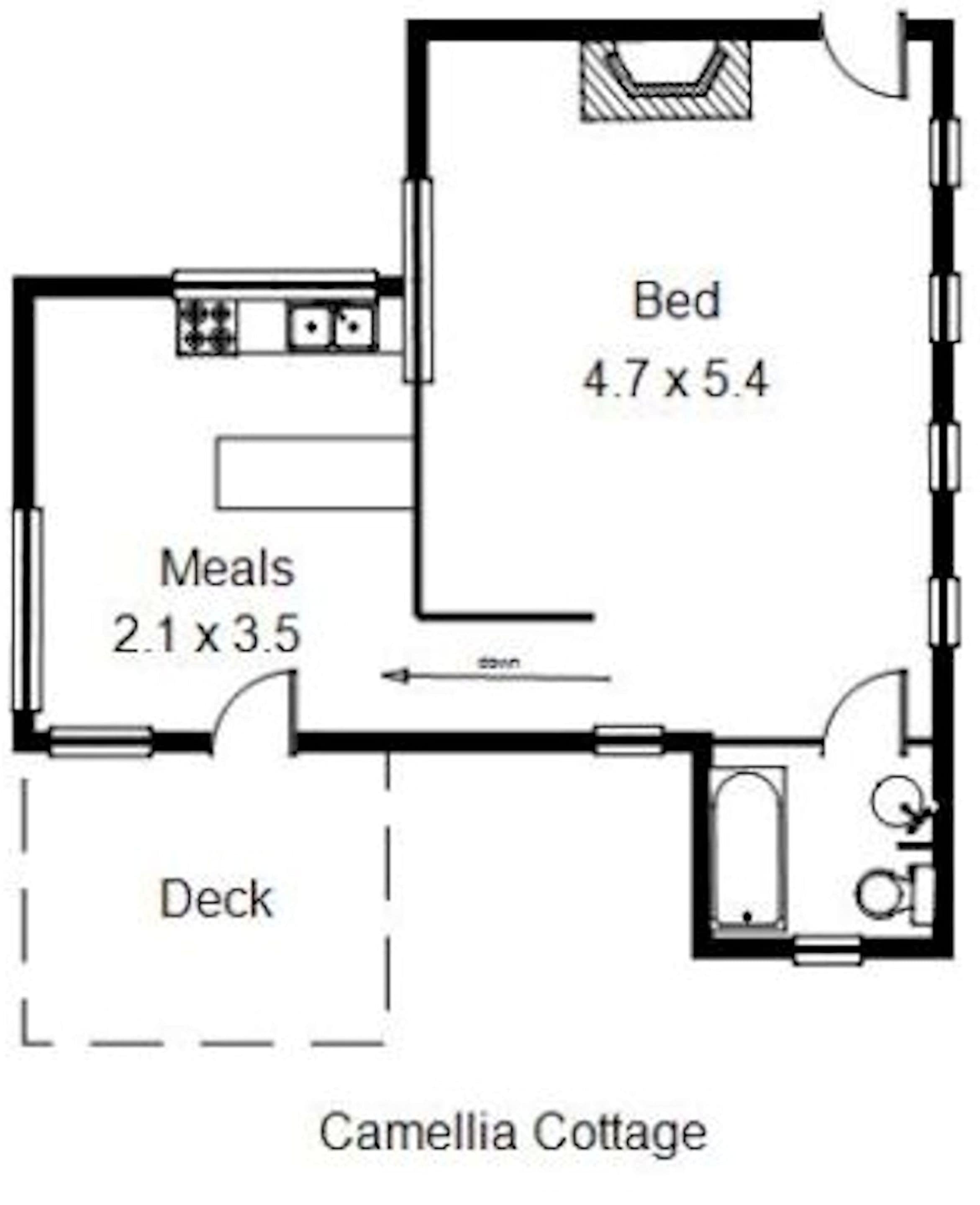 A floor plan of Camellia Cottage with a bed measuring 4.7 x 5.4 meters, a dining area of 2.1 x 3.5 meters, and a deck area.