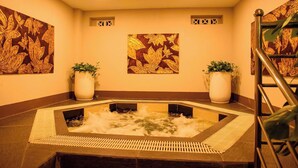 A spa area with a hot tub, decorative wall art, and potted plants. - Song Tien Hotel (My Tho)