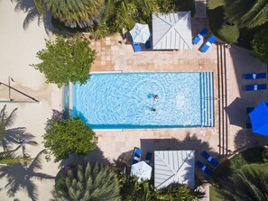 Outdoor pool, free pool cabanas, pool umbrellas