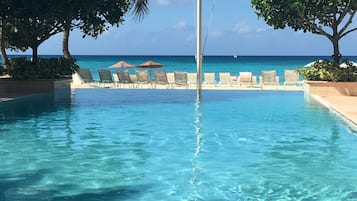 Outdoor pool, free pool cabanas, pool umbrellas