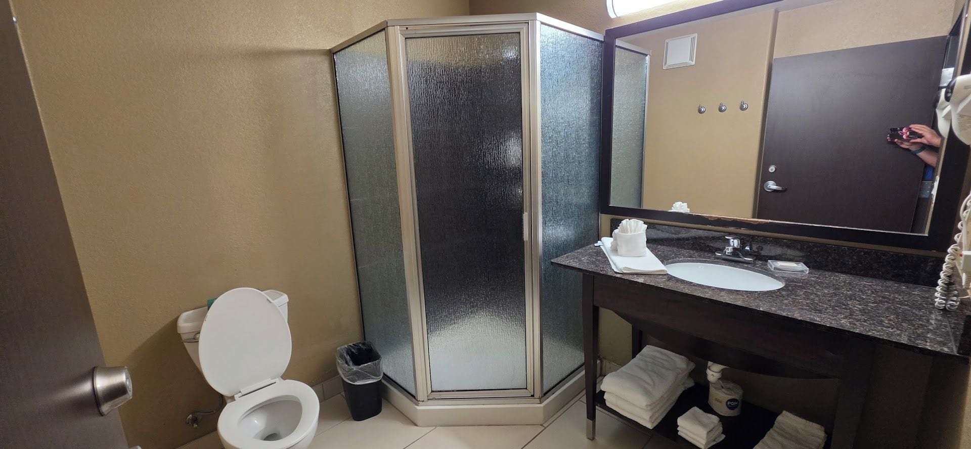 Une salle de bain comprenant des toilettes, une douche fermée par une paroi de verre et un lavabo avec un miroir.