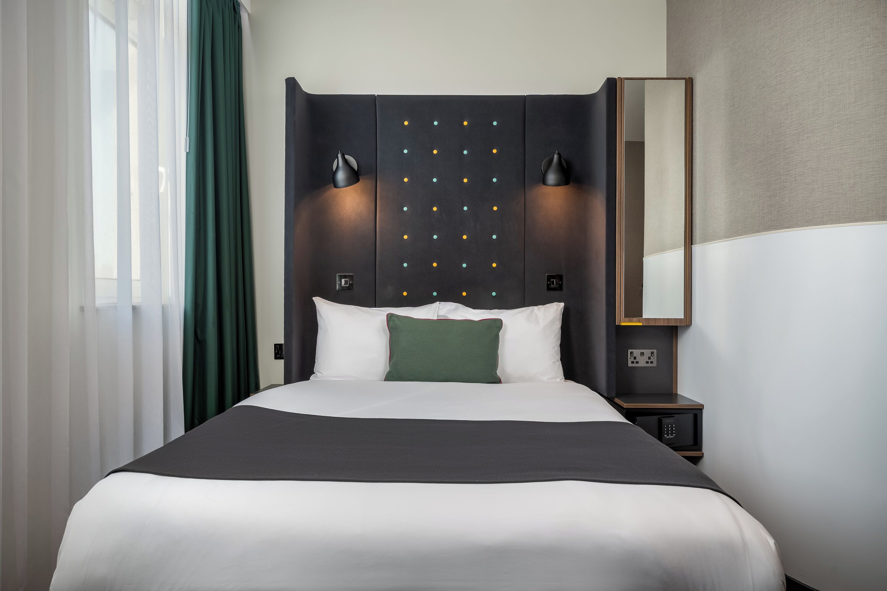 In-room safe, desk, laptop workspace, blackout curtains
