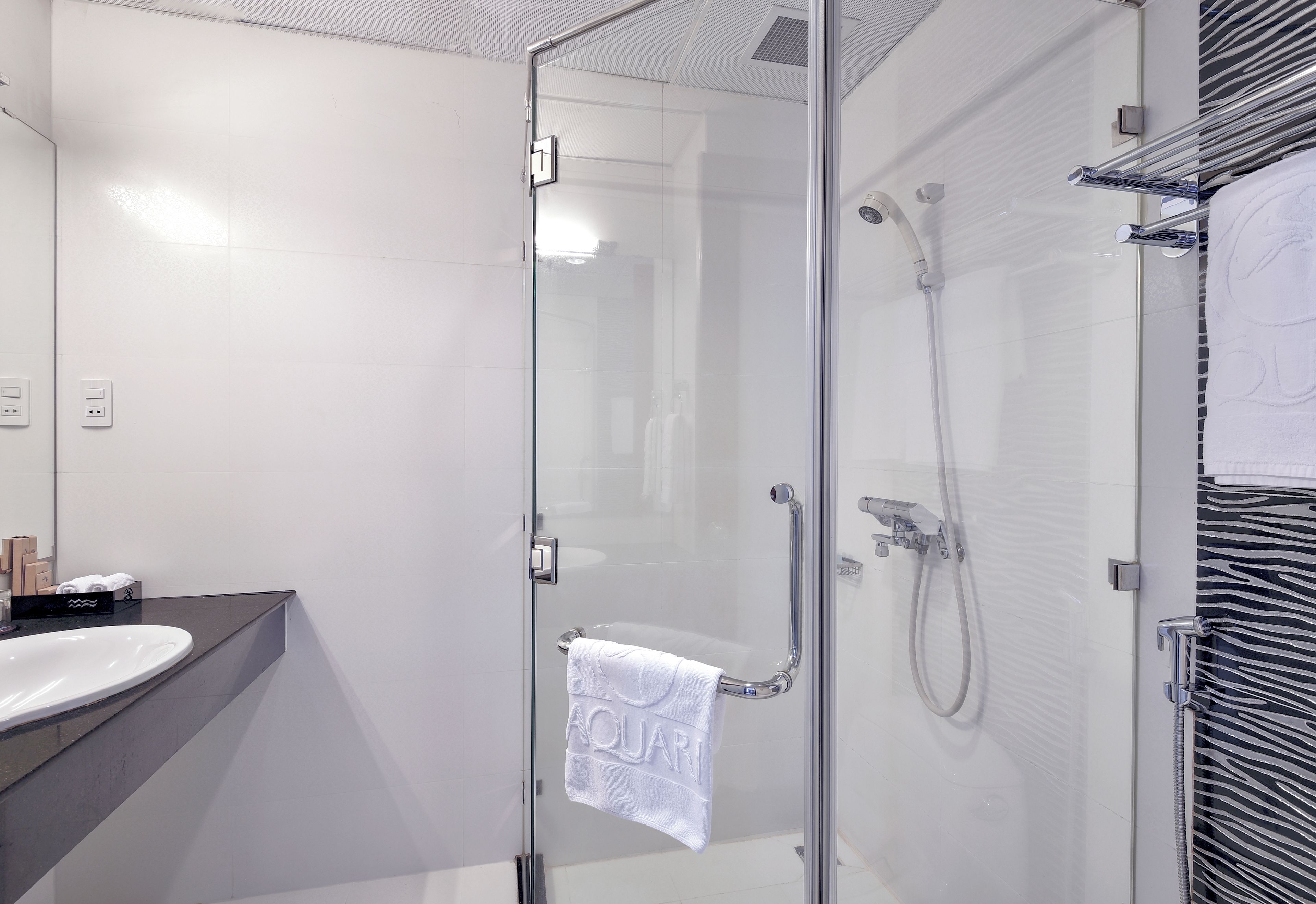 Une salle de bain moderne avec une douche à parois de verre, un lavabo blanc et un porte-serviettes.