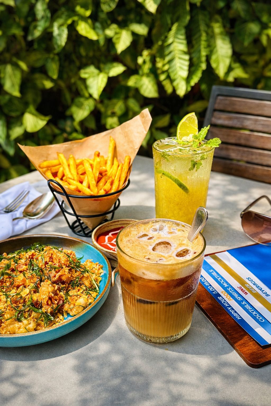 Una mesa con comida que incluye papas fritas, una bebida con limón y un vaso de té helado, ubicada al aire libre con follaje al fondo.