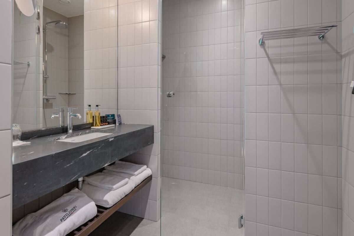 free toiletries, hair dryer, towels