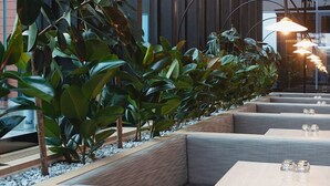 Een modern restaurant met een rij zitplaatsen en een rij groene planten.