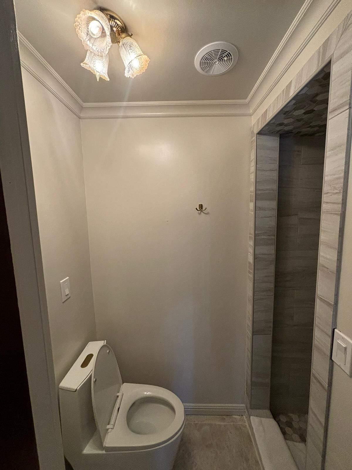 Ein modernes Badezimmer mit Toilette, Dusche und Deckenleuchte.
