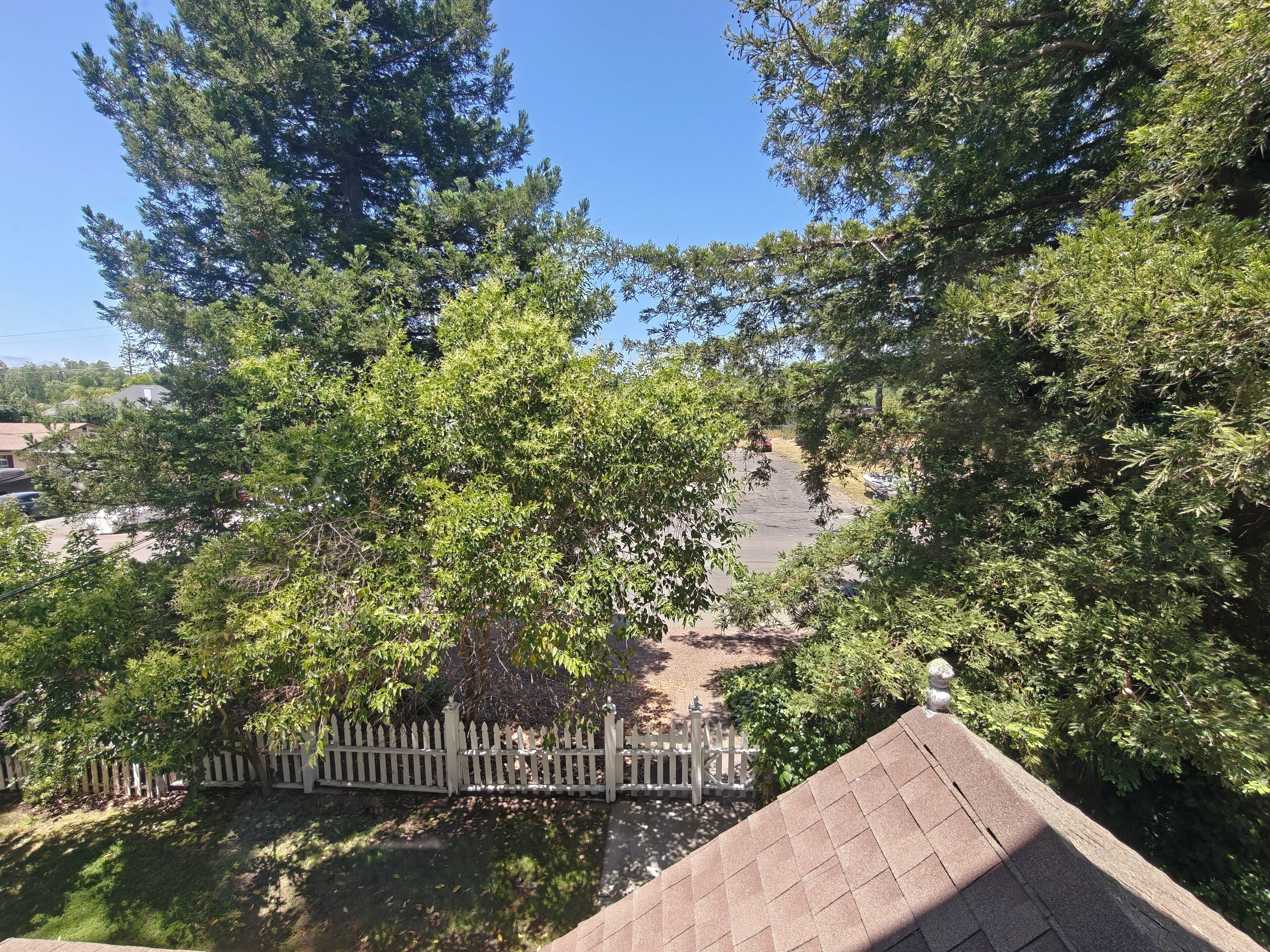 A view of a park with a white picket fence, trees, and a paved area.