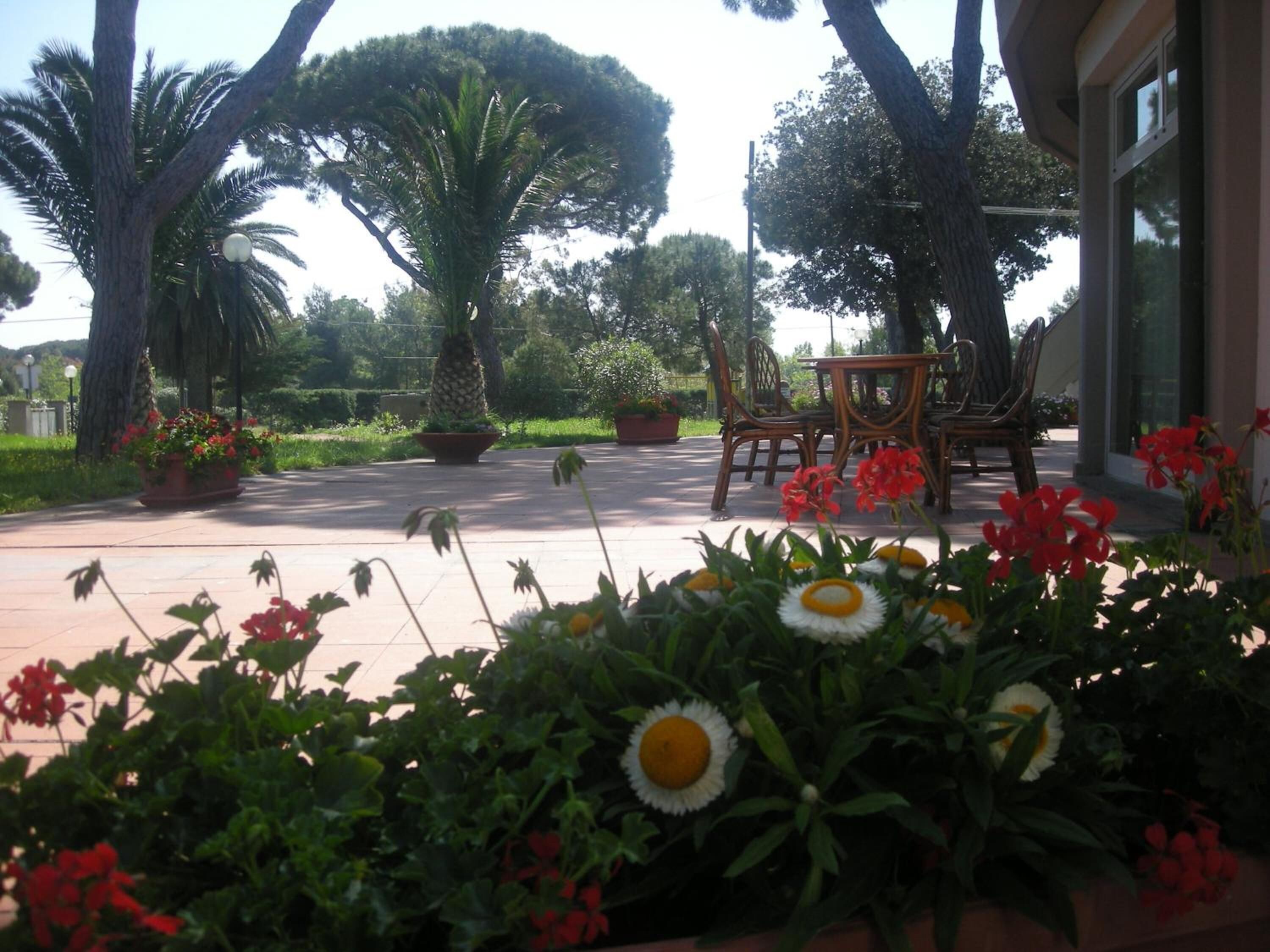 Zona patio con posti a sedere all'aperto, piante in vaso e vista sul verde circostante.