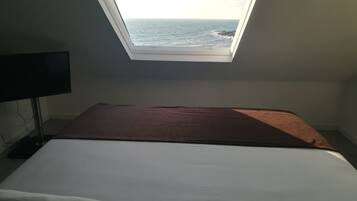 Un dormitorio con tragaluz, una cama y un televisor.