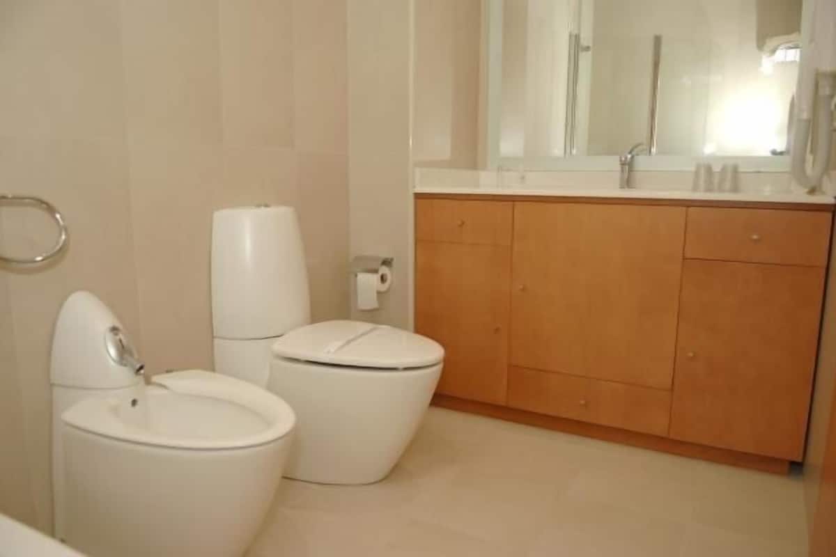 free toiletries, hair dryer, bidet, towels