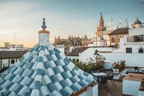 A rooftop terrace with a tiled roof, a table, chairs, and potted plants. - Hotel Boutique Elvira Plaza (Seville)