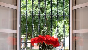 A window with a metal grille and a vase with red flowers on a windowsill. - Hotel Boutique Elvira Plaza (Seville)