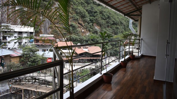 A balcony with a view of a hillside, wooden flooring, and potted plants.