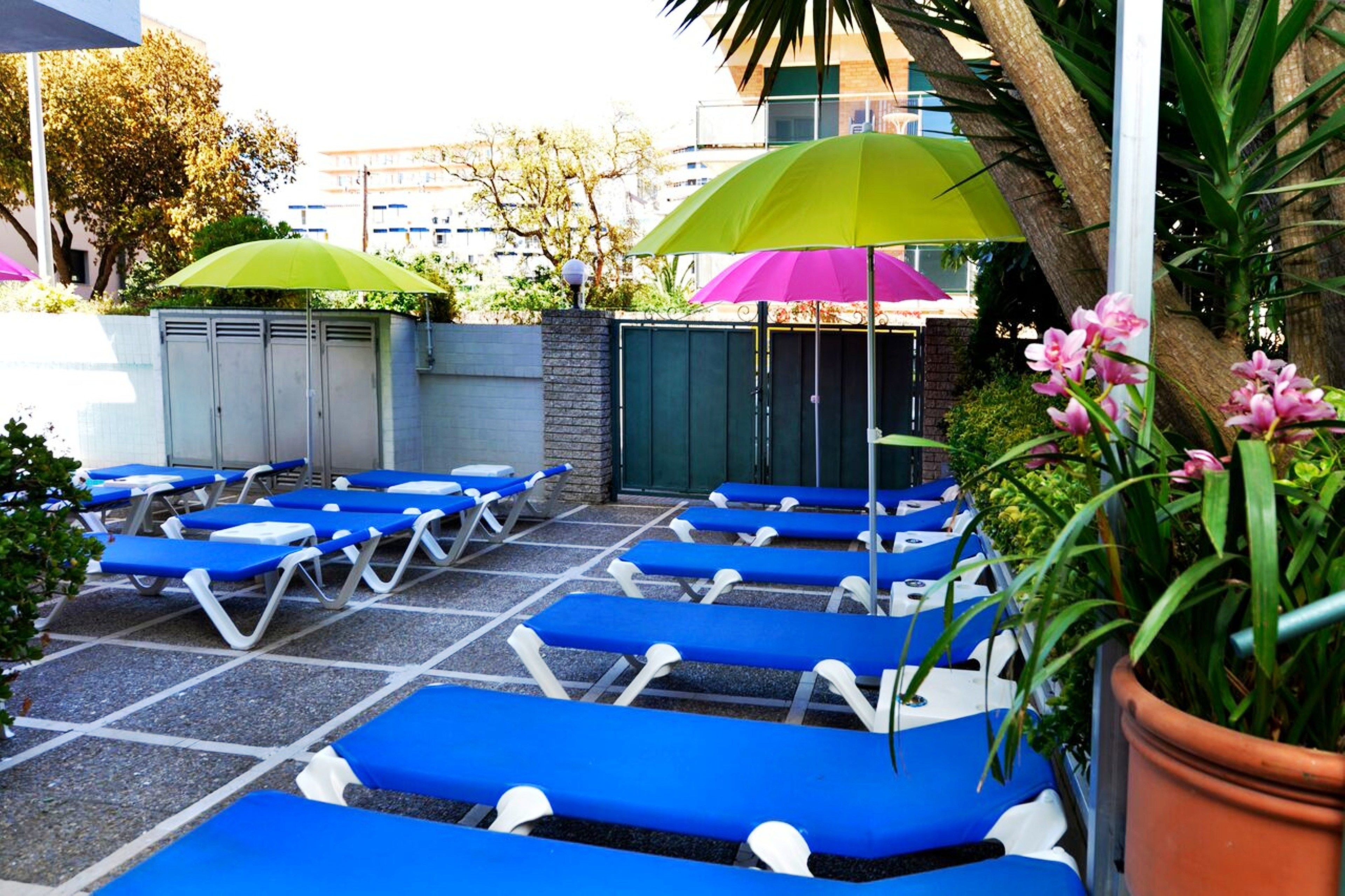 Un espace aménagé au bord de la piscine, avec des chaises longues bleues et deux parasols, un vert et un rose, ainsi qu’une plante en pot et un bâtiment en arrière-plan.