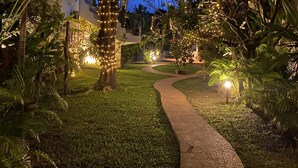 A pathway surrounded by lush greenery and trees adorned with string lights, leading to a building with a white facade.