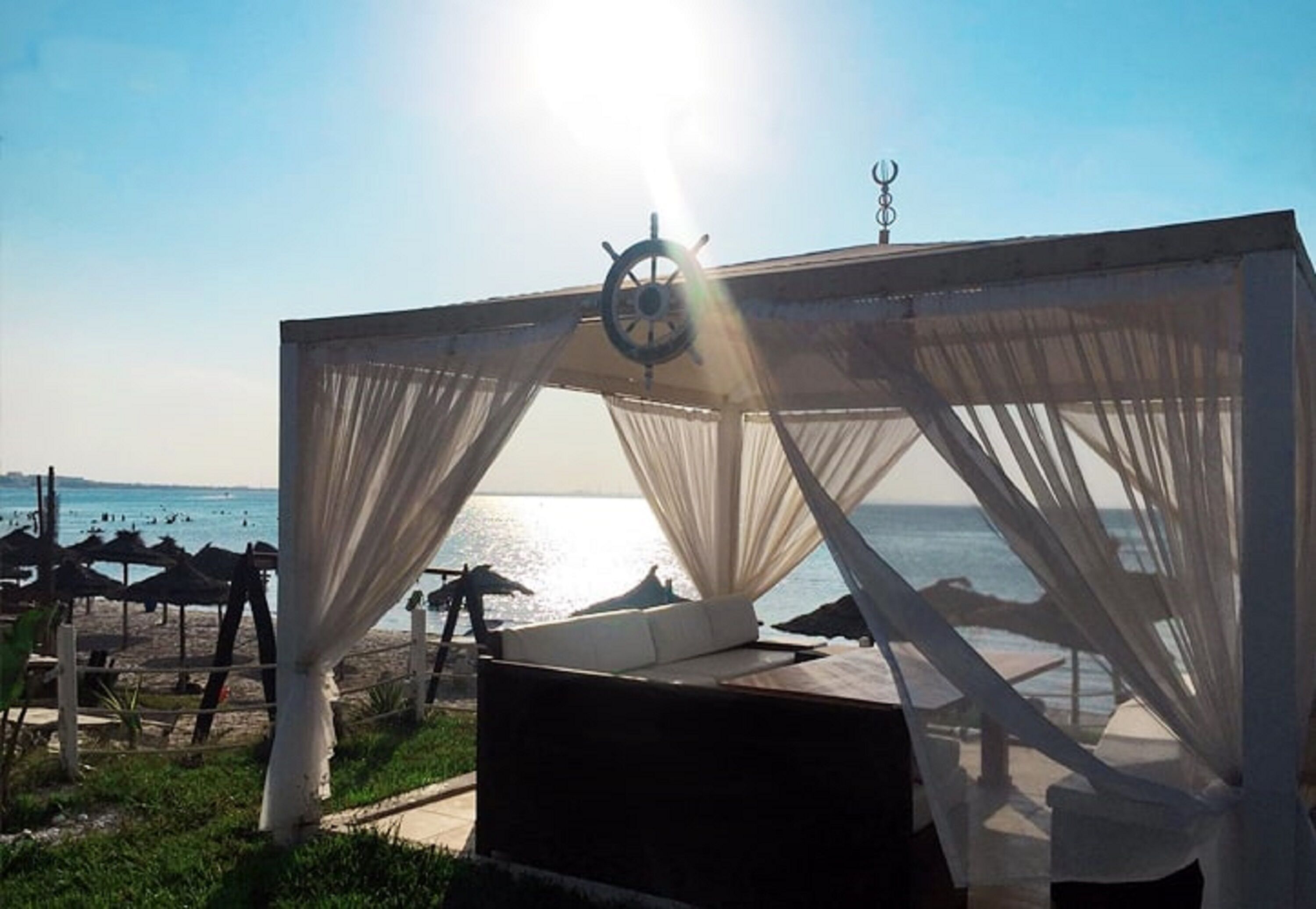 private beach, beach bar