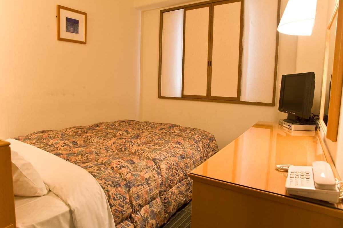 A hotel room with a bed, a desk with a telephone, a television, and a picture on the wall.