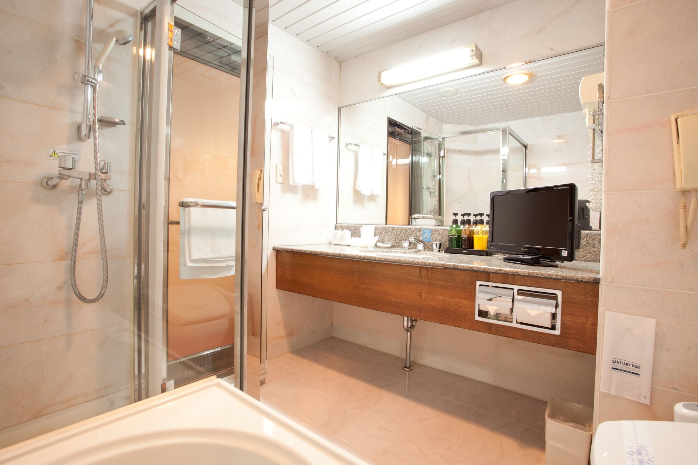 separate bathtub and shower, free toiletries, hair dryer, slippers