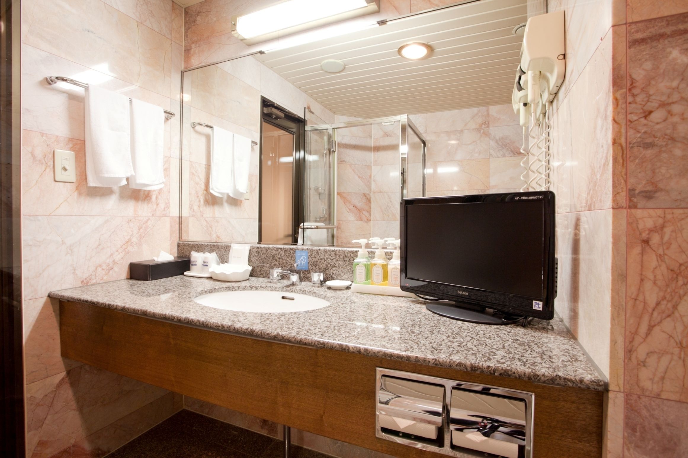 separate bathtub and shower, free toiletries, hair dryer, slippers